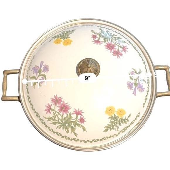 Vintage Lincoware Floral Enameled Pot Casserole Server Dutch Oven Brass Handles - Picture 6 of 8